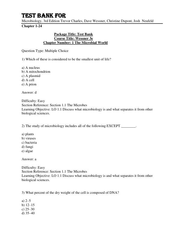 Test Bank For Microbiology, 3rd Edition by Trevor Charles, Dave Wessner, Christine Dupont, Josh  Neufeld Chapter 1-24