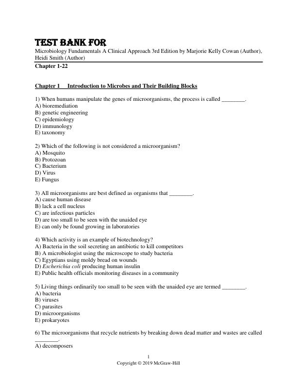 Test Bank For Microbiology Fundamentals A Clinical Approach 3rd Edition by Marjorie Kelly Cowan, Heidi Smith Chapter 1-22