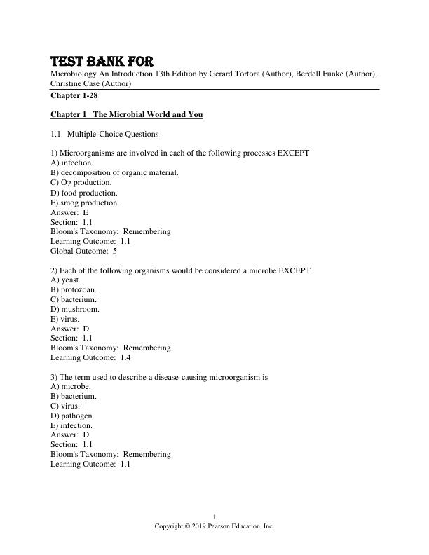 Test Bank For Microbiology An Introduction 13th Edition by Gerard Tortora, Berdell Funke, Christine Case Chapter 1-28