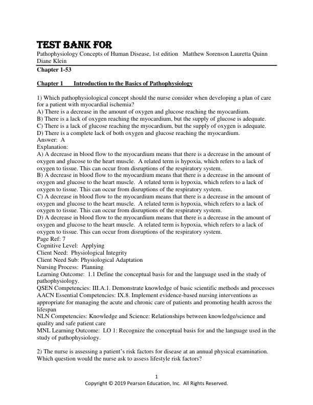 Test Bank For Pathophysiology Concepts of Human Disease,1st Edition by Matthew Sorenson Lauretta Quinn Diane Klein Chapter 1-53