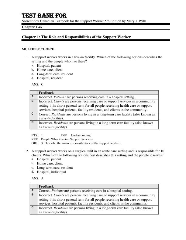 Test Bank For Sorrentino's Canadian Textbook for the Support Worker 5th Edition by Mary J. Wilk Chapter 1-47