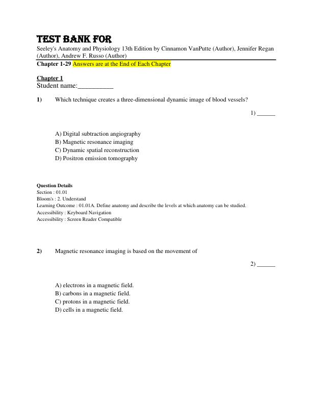 Test Bank For Seeley's Anatomy and Physiology 13th Edition by Cinnamon VanPutte, Jennifer Regan, Andrew F. Russo Chapter 1-29