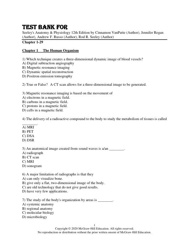 Test Bank For Seeley's Anatomy & Physiology 12th Edition by Cinnamon VanPutte, Jennifer Regan, Andrew F. Russo, Rod R. Seeley Chapter 1-29