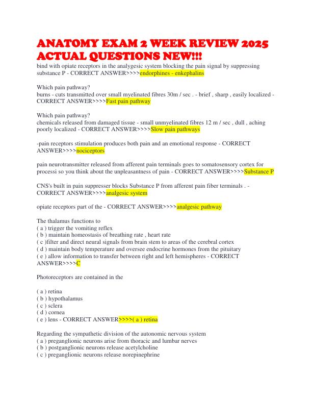 ANATOMY EXAM 2 WEEK REVIEW 2025 ACTUAL QUESTIONS NEW!!!