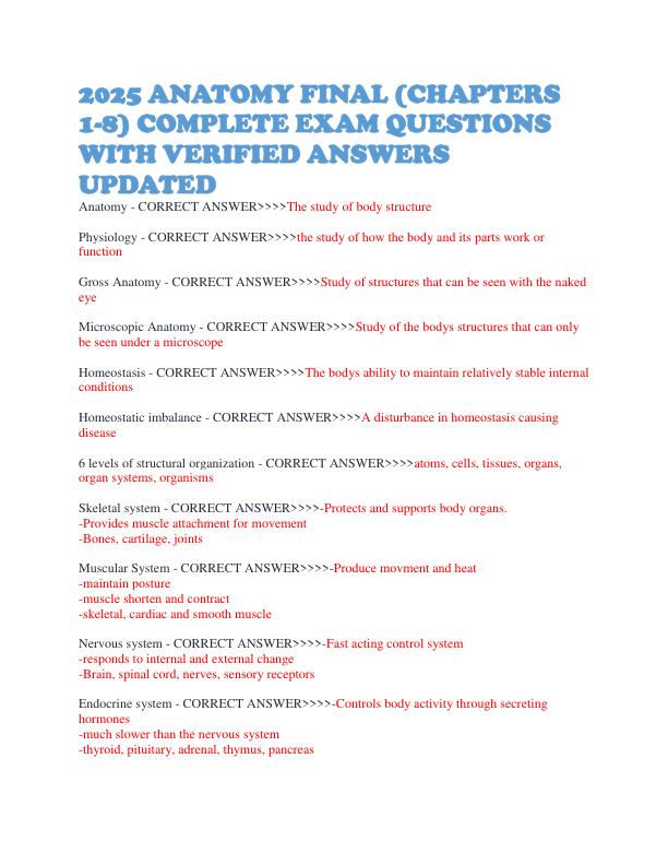 2025 ANATOMY FINAL (CHAPTERS 1-8) COMPLETE EXAM QUESTIONS WITH VERIFIED ANSWERS UPDATED