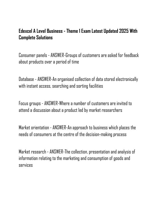 Edexcel A Level Business - Theme 1 Exam Latest Updated 2025 With Complete Solutions
