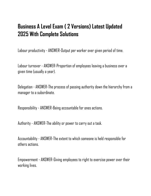 Business A Level Exam ( 2 Versions) Latest Updated 2025 With Complete Solutions