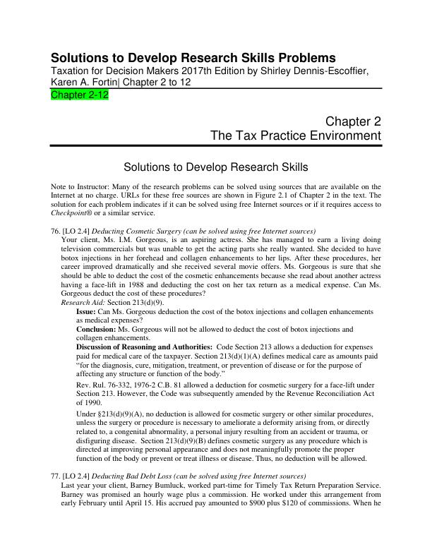 Solutions to Develop Research Skills Problems for Taxation for Decision Makers 2017th Edition by Shirley Dennis-Escoffier, Karen A. Fortin