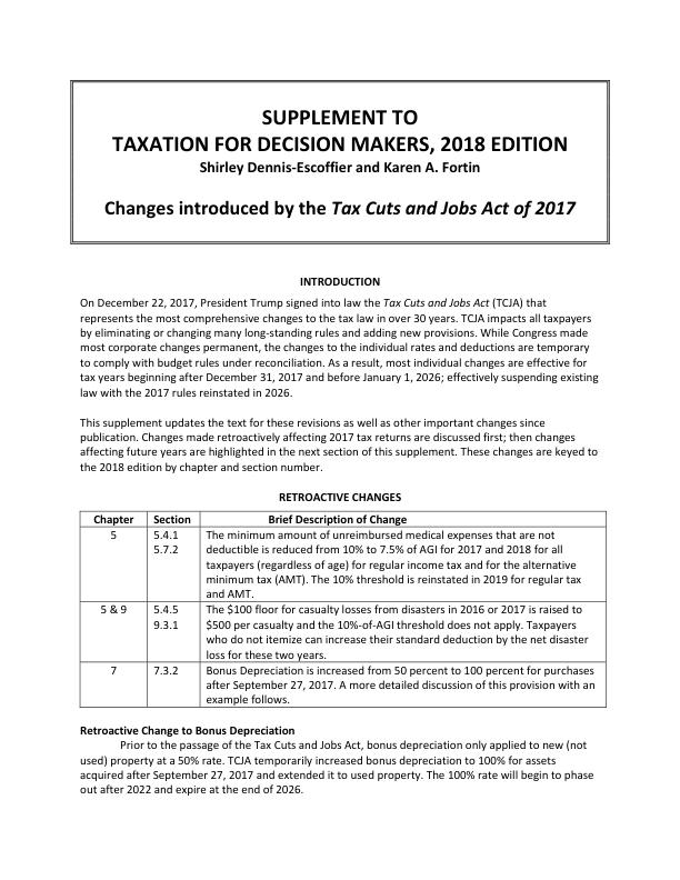Supplement to Taxation For Decision Makers for Taxation for Decision Makers 2017th Edition by Shirley Dennis-Escoffier, Karen A. Fortin