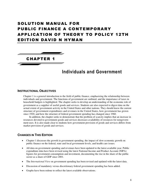 Solution Manual for Public Finance A Contemporary Application Of Theory To Policy 12th Edition David N Hyman