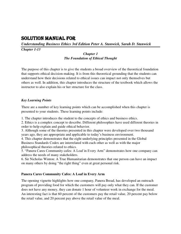 Solution Manual for Understanding Business Ethics 3rd Edition Peter A. Stanwick, Sarah D. Stanwick