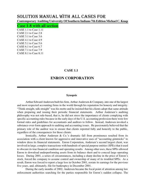Solution Manuals with All Cases for Contemporary Auditing University Of Southern Indiano 7th Edition Michael C. Knap