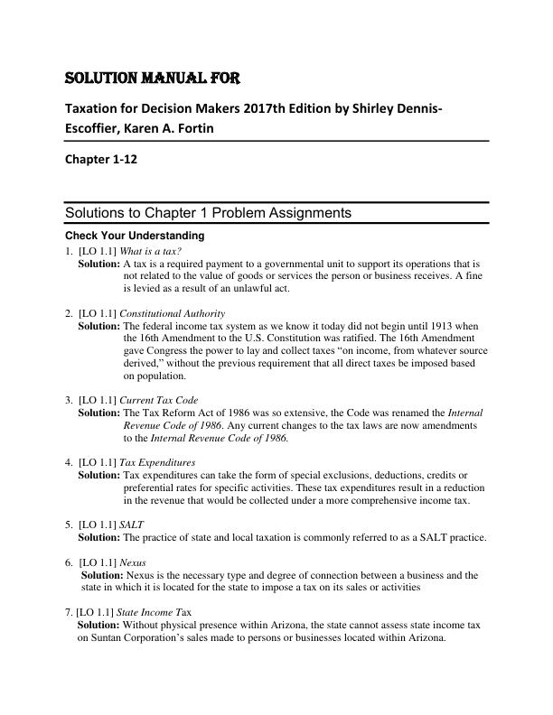 Solution Manual for Taxation for Decision Makers 2017th Edition by Shirley Dennis-Escoffier, Karen A. Fortin
