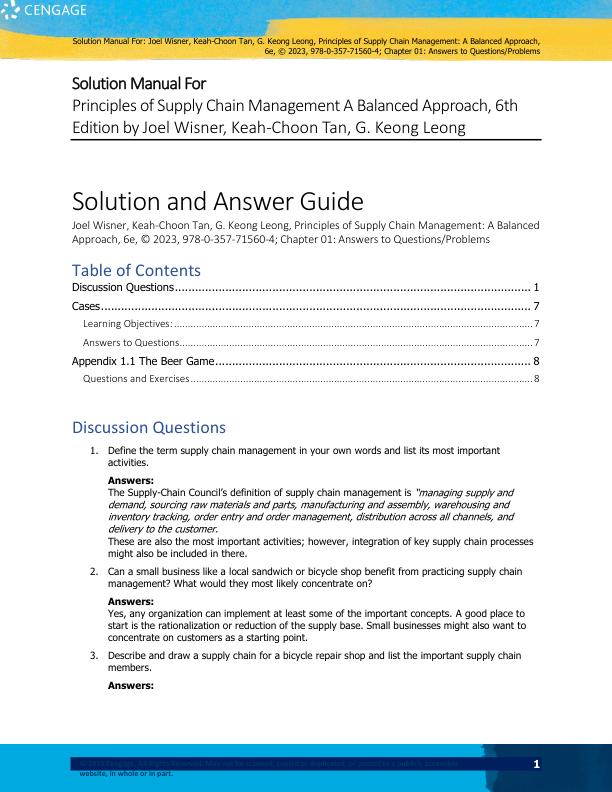 Solution Manual For Principles of Supply Chain Management A Balanced Approach, 6th Edition by Joel Wisner, Keah-Choon Tan, G. Keong Leong