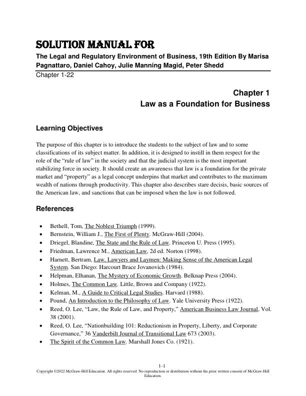 Solution Manual For The Legal and Regulatory Environment of Business, 19th Edition By Marisa Pagnattaro, Daniel Cahoy, Julie Manning Magid, Peter Shedd