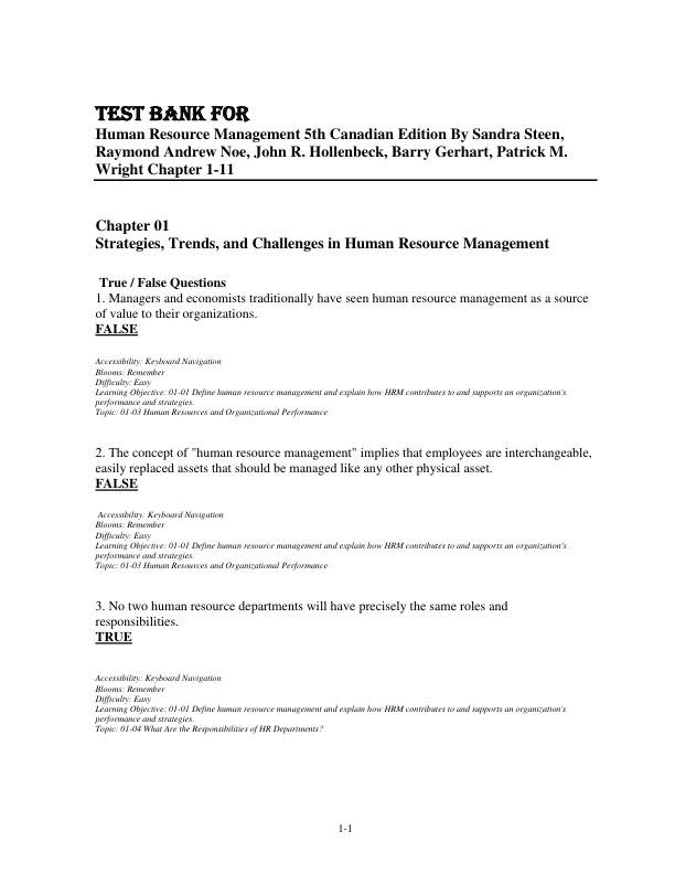 Test Bank For Human Resource Management 5th Canadian Edition By Sandra Steen, Raymond Andrew Noe, John R. Hollenbeck, Barry Gerhart, Patrick M. Wright