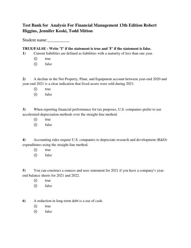 Test Bank for  Analysis For Financial Management 13th Edition Robert Higgins, Jennifer Koski, Todd Mitton
