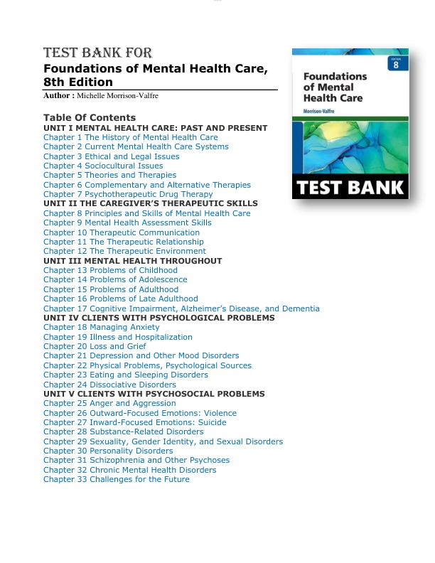 Test Bank For Foundations of Mental Health Care, 8th Edition By Michelle Morrison-Valfre Chapter 1-33