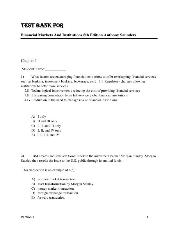 Test Bank for Financial Markets And Institutions 8th Edition Anthony Saunders