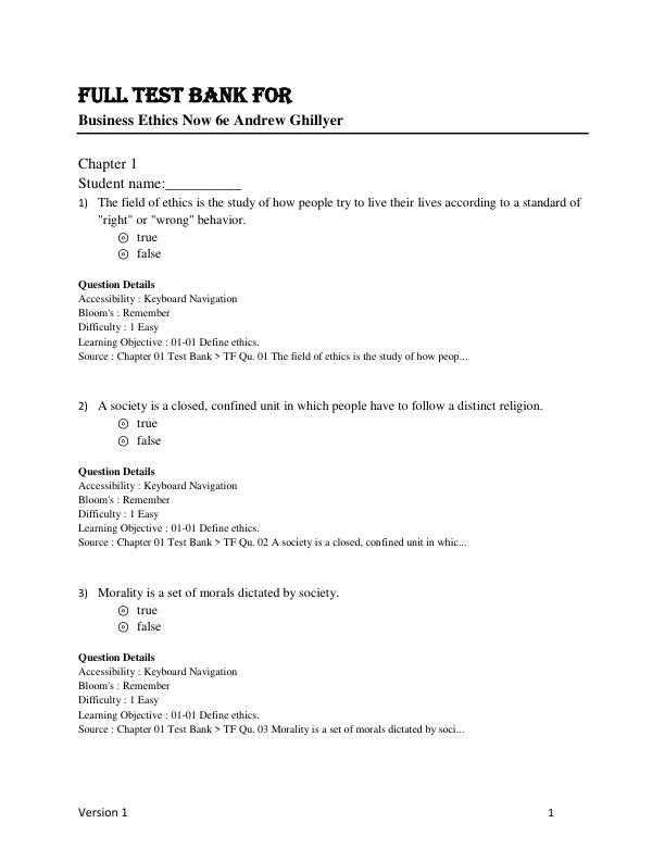 Test Bank for Business Ethics Now 6e Andrew Ghillyer