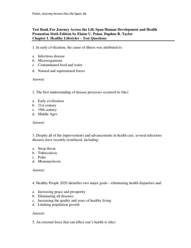 Test Bank For Journey Across the Life Span Human Development and Health Promotion Sixth Edition by Elaine U. Polan, Daphne R. Taylor Chapter 1-14