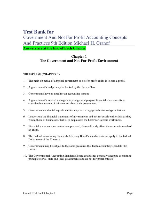 Test Bank for Government And Not For Profit Accounting Concepts And Practices 9th Edition Michael H. Granof