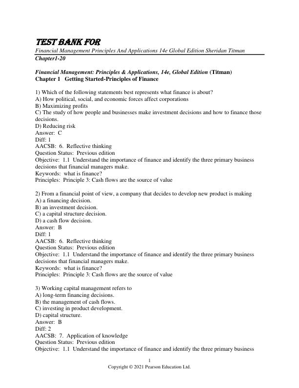 Test Bank for Financial Management Principles And Applications 14e Global Edition Sheridan Titman