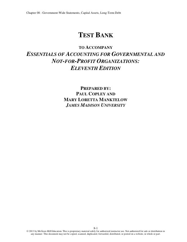 Test Bank For Essentials Of Accounting For Governmental And Not-for-Profit Organizations 11th Edition Paul A Copley