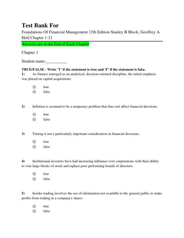 Test Bank For Foundations Of Financial Management 12th Edition Stanley B Block, Geoffrey A Hirt