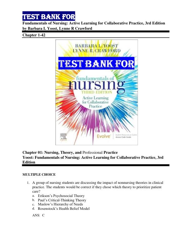 Test Bank for Fundamentals of Nursing Active Learning for Collaborative Practice, 3rd Edition by Barbara L Yoost, Lynne R Crawford Chapter 1-42 Newest Version 2023