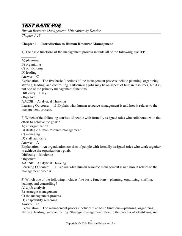 Test Bank for Human Resource Management, 17th Edition by Gary Dessler