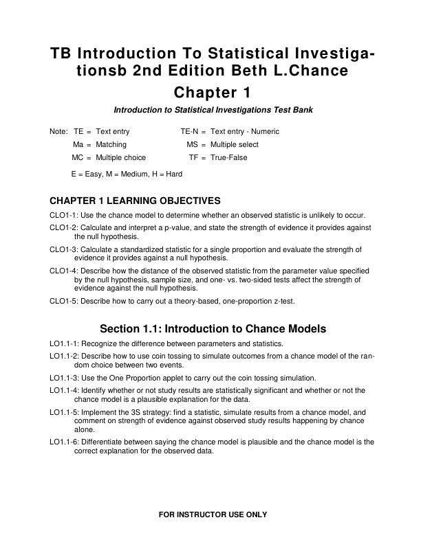 Test Bank for Introduction To Statistical Investigationsb 2nd Edition Beth L.Chance