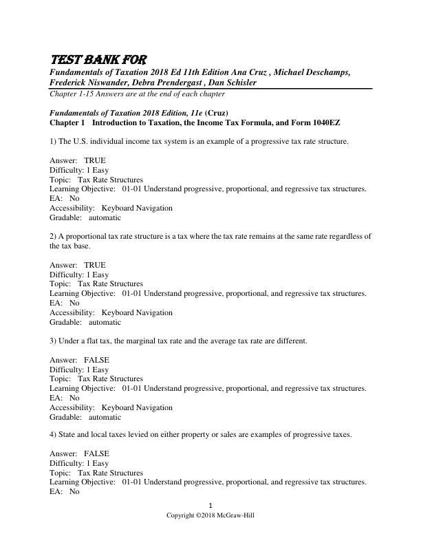 Test Bank for Fundamentals of Taxation 2018 Ed 11th Edition Ana Cruz , Michael Deschamps, Frederick Niswander, Debra Prendergast , Dan Schisler