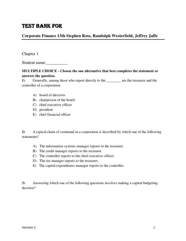 Test Bank for Corporate Finance 13th Stephen Ross, Randolph Westerfield, Jeffrey Jaffe