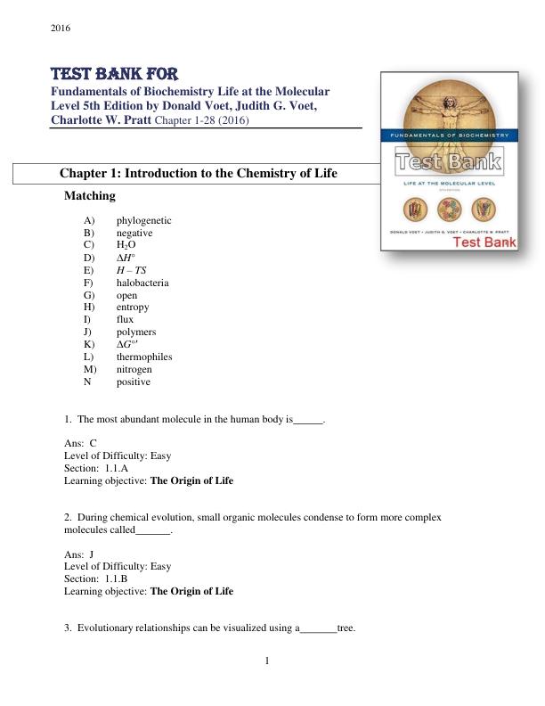 Test Bank for Fundamentals of Biochemistry Life at the Molecular Level 5th Edition by Donald Voet, Judith G. Voet, Charlotte W. Pratt