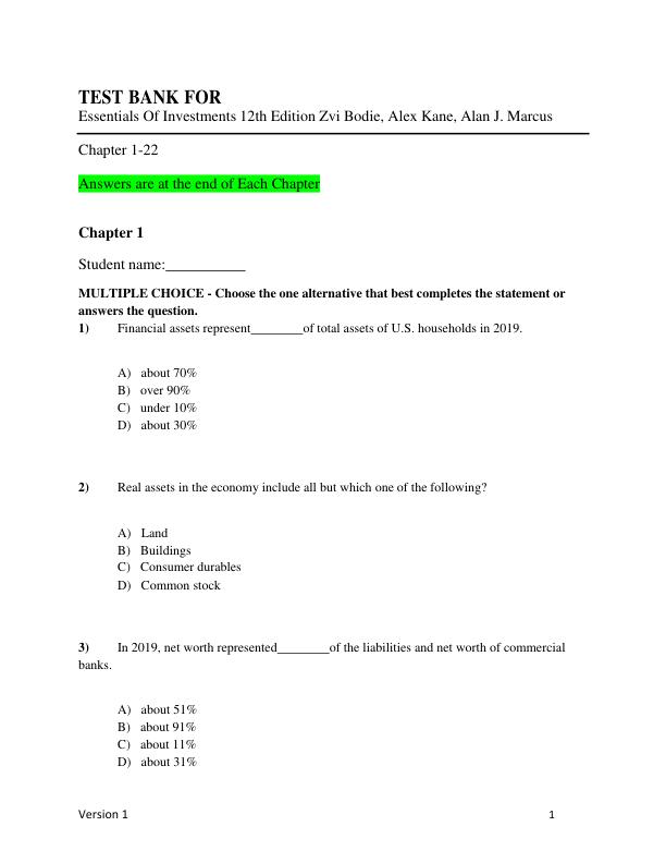 Test Bank for Essentials Of Investments 12th Edition Zvi Bodie, Alex Kane, Alan J. Marcus