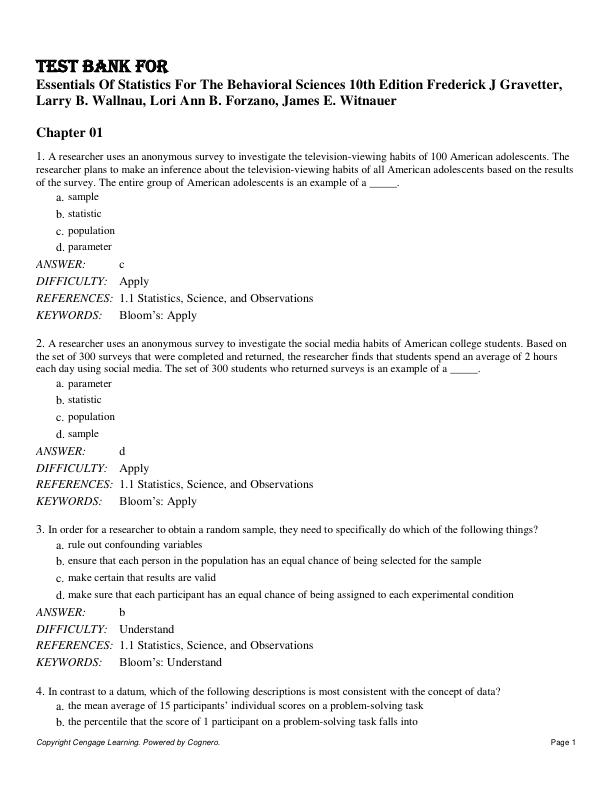 Test Bank For Essentials Of Statistics For The Behavioral Sciences 10th Edition Frederick J Gravetter, Larry B. Wallnau, Lori Ann B. Forzano, James E. Witnauer