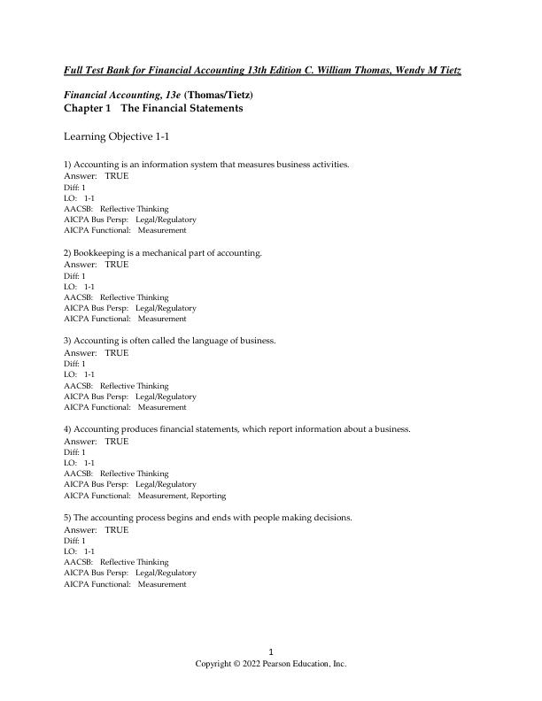 Test Bank for Financial Accounting 13th Edition C. William Thomas, Wendy M Tietz