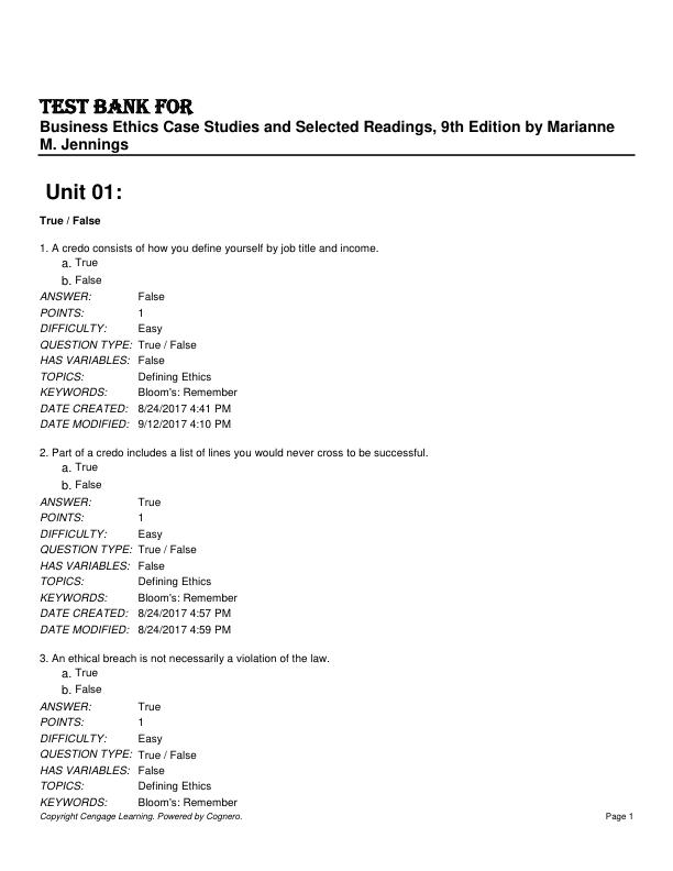 Test Bank for Business Ethics Case Studies and Selected Readings, 9th Edition by Marianne M. Jennings