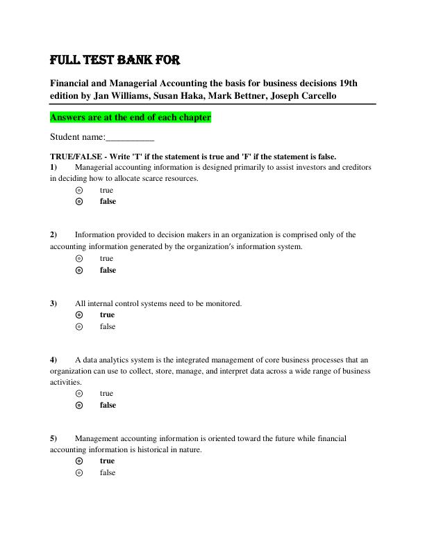 Test Bank for Financial and Managerial Accounting the basis for business decisions 19th edition by Jan Williams, Susan Haka, Mark Bettner, Joseph Carcello