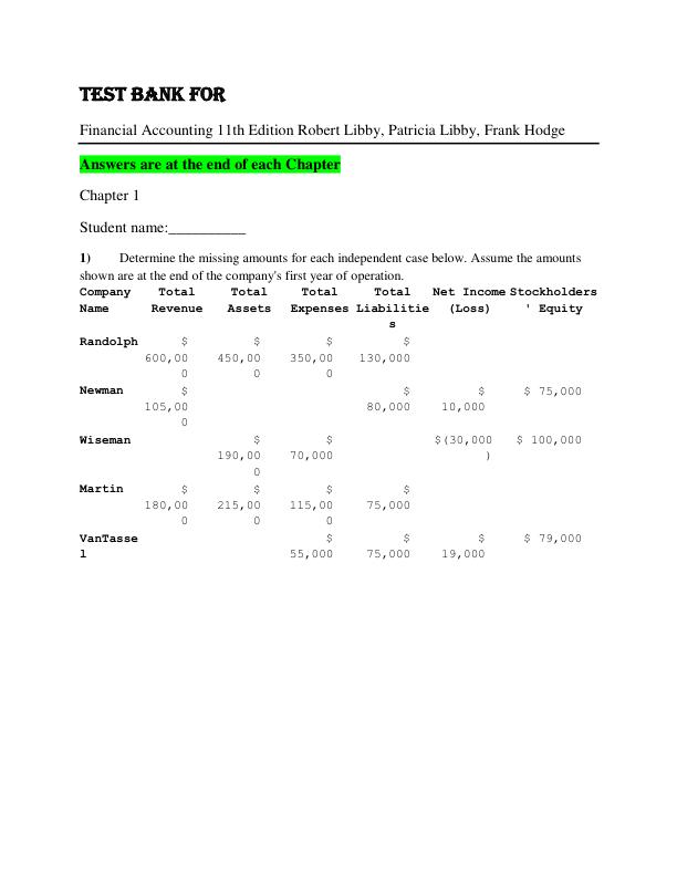 Test Bank for Financial Accounting 11th Edition Robert Libby, Patricia Libby, Frank Hodge