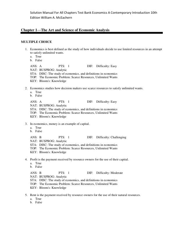 Test Bank for Economics A Contemporary Introduction 10th Edition William A. McEachern