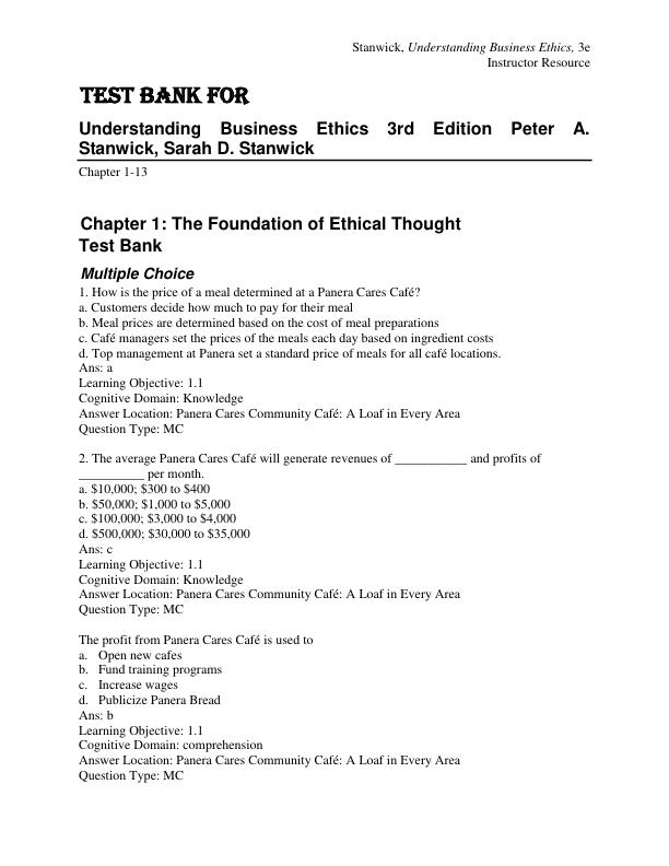 Test Bank for Understanding Business Ethics 3rd Edition by Peter A. Stanwick, Sarah D. Stanwick