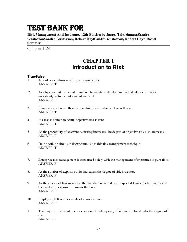 Test Bank for Risk Management And Insurance 12th Edition James TrieschmannSandra GustavsonSandra Gustavson, Robert HoytSandra Gustavson, Robert Hoyt, David Sommer