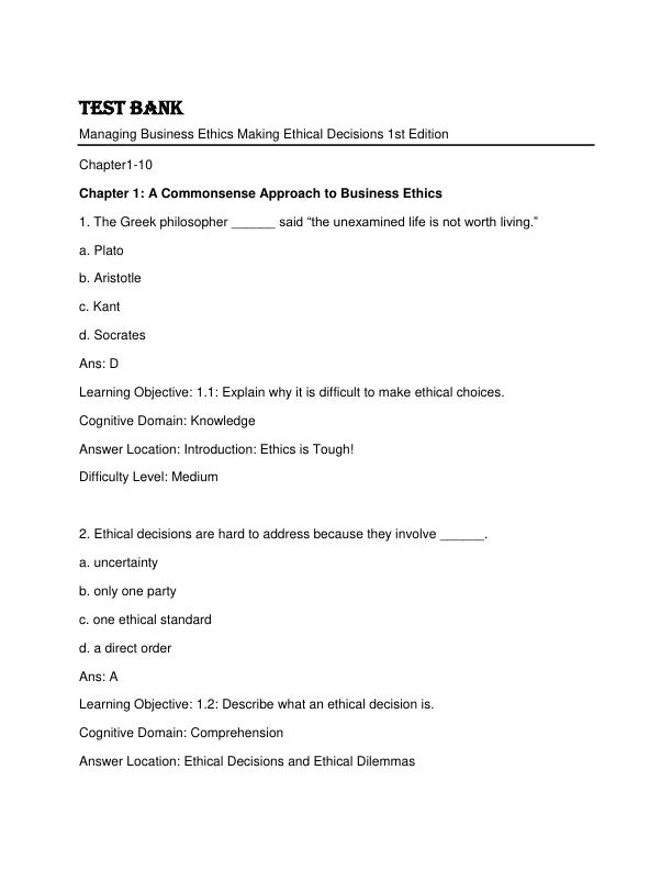 Test Bank for Managing Business Ethics Making Ethical Decisions 1st Edition