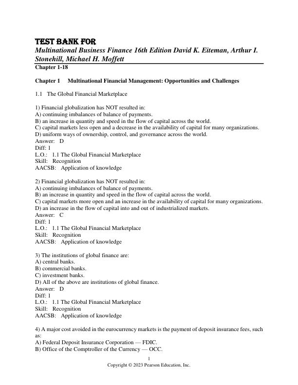 Test Bank for Multinational Business Finance 16th Edition by David K. Eiteman, Arthur I. Stonehill, Michael H. Moffett