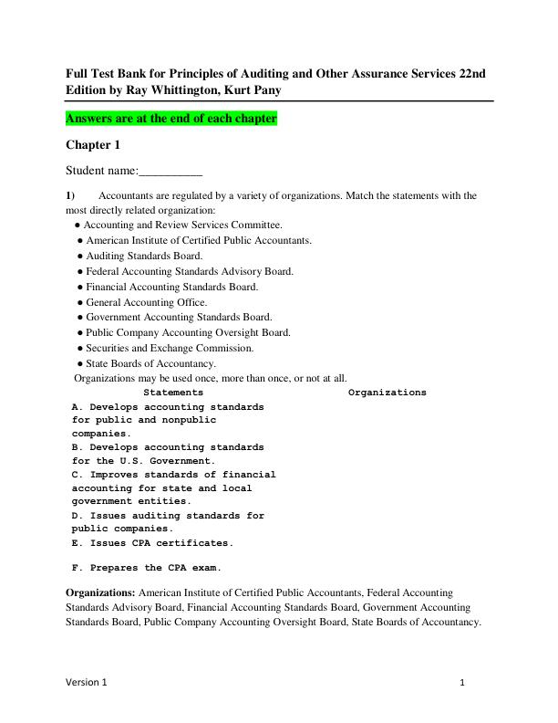 Test Bank for Principles of Auditing and Other Assurance Services 22nd Edition by Ray Whittington, Kurt Pany
