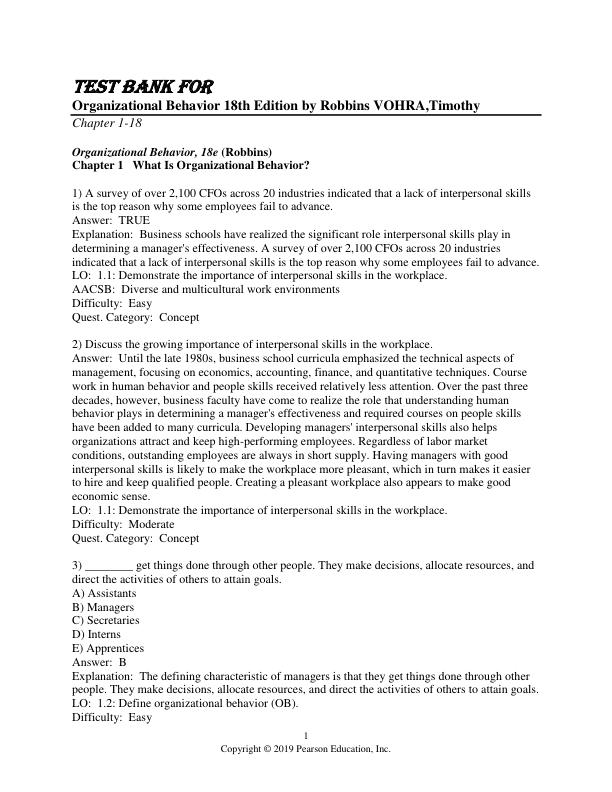 Test Bank for Organizational Behavior 18th Edition by Robbins VOHRA,Timothy