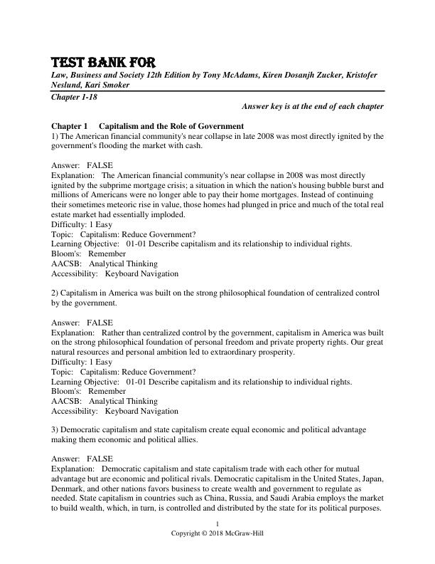Test Bank for Law, Business and Society 12th Edition by Tony McAdams, Kiren Dosanjh Zucker, Kristofer Neslund, Kari Smoker