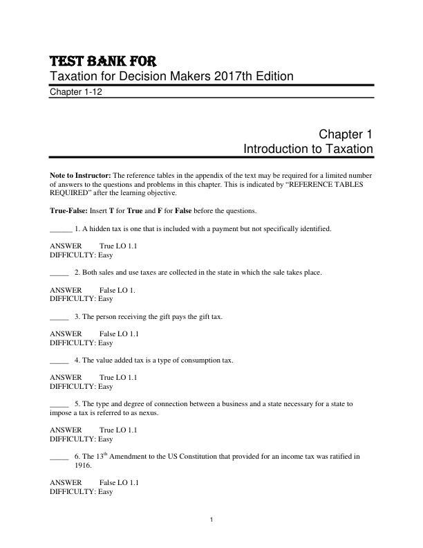 Test Bank for Taxation for Decision Makers 2017th Edition by Shirley Dennis-Escoffier, Karen A. Fortin